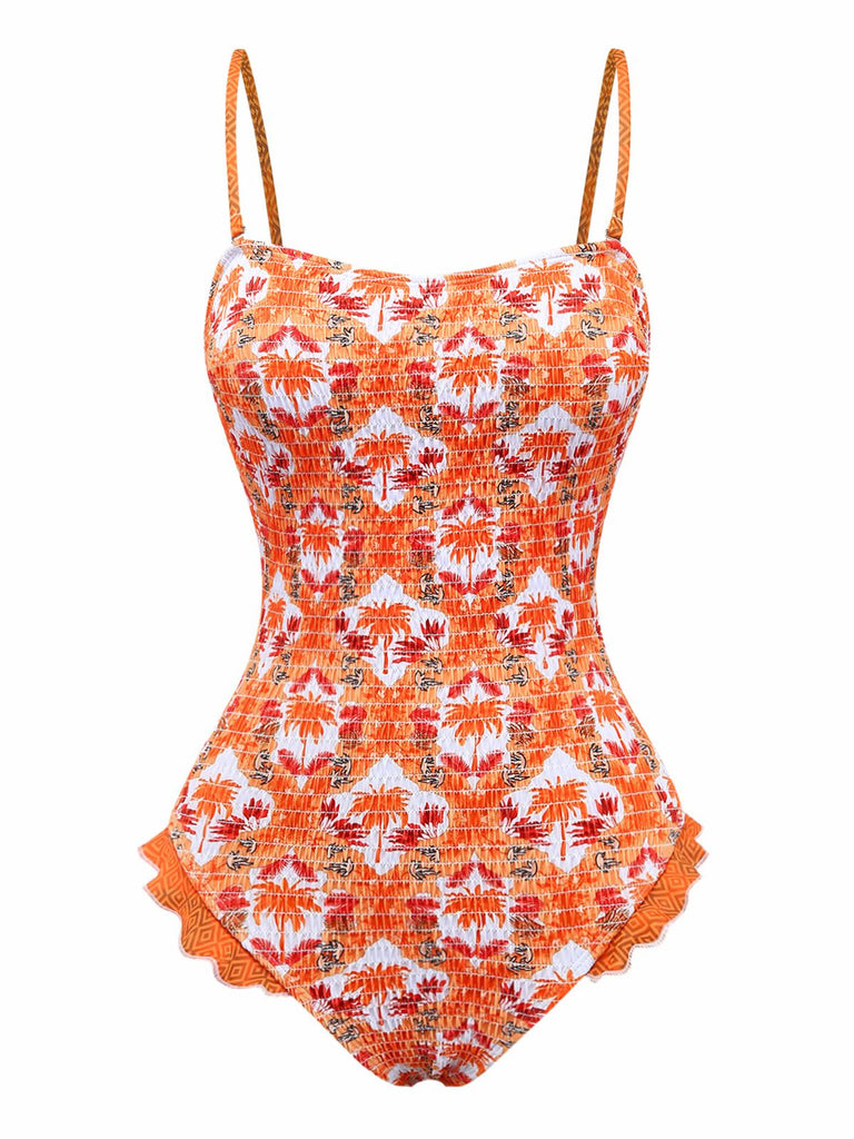 Orange 1960s Tropical Coconut Palm Tree Print Swimsuit