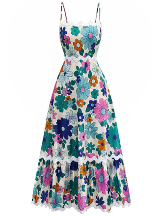 1940s Floral Ruffle Trim Spaghetti Strap Dress
