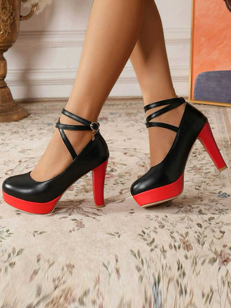 Mary Jane Color Block Round Toe Strap Chunky High Heels