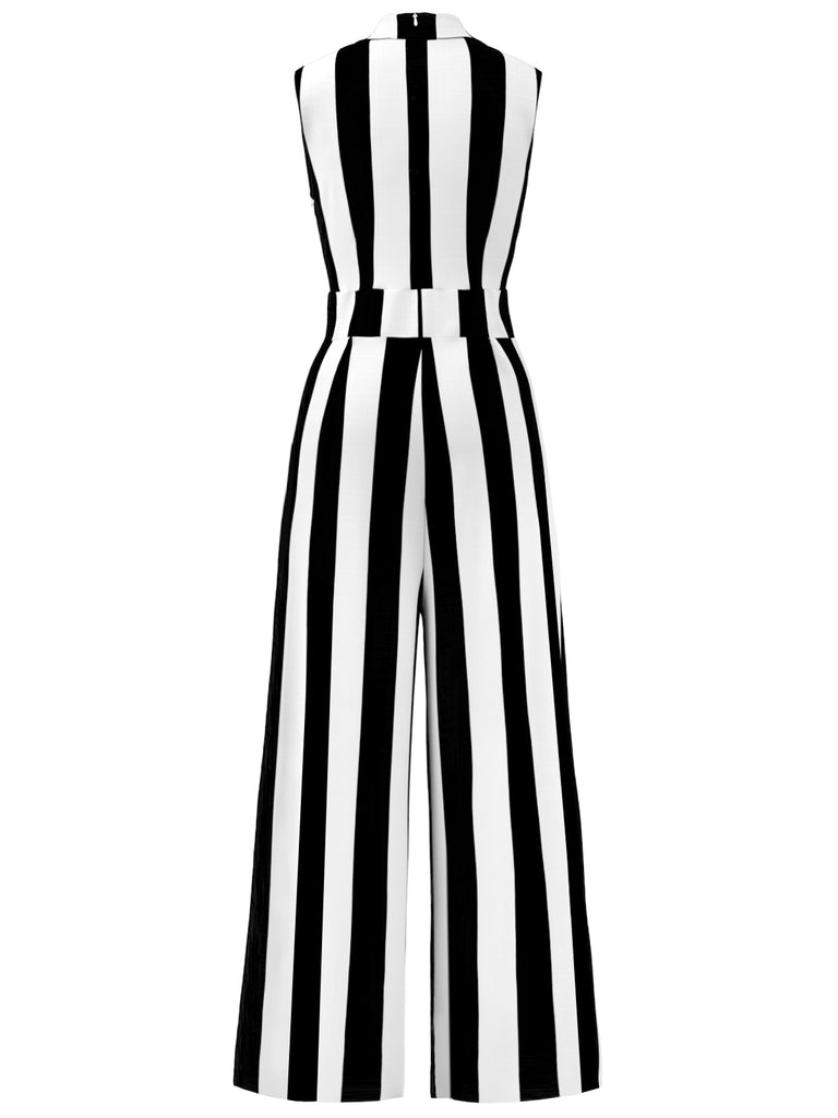 1930s V-Neck Black & White Vertical Stripes Jumpsuit