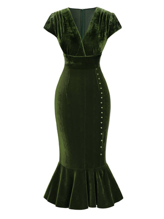 Green 1930s Button V-Neck Velvet Fishtail Dress