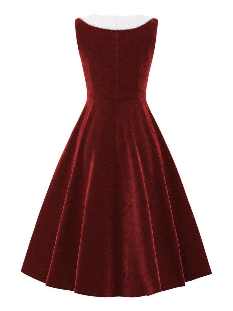 [Pre-Sale] Red 1950s Fur Collar Patchwork Velvet Dress