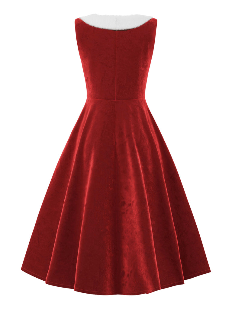 Red 1950s Fur Collar Patchwork Velvet Dress