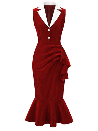 Red 1930s Reflective Corduroy Fishtail Dress