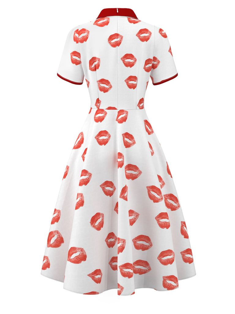 [Pre-Sale] 1940s Red Lips Print Button Lapel Dress