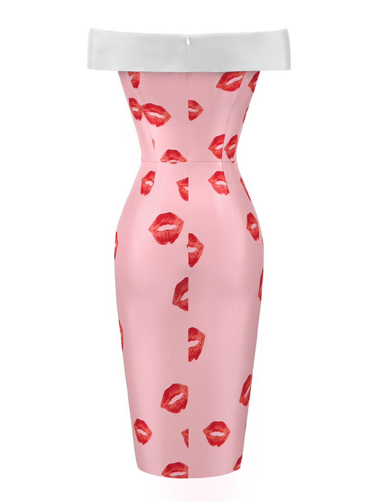 [Pre-Sale] 1960S Off-shoulder Lip-print Satin Pencil Dress