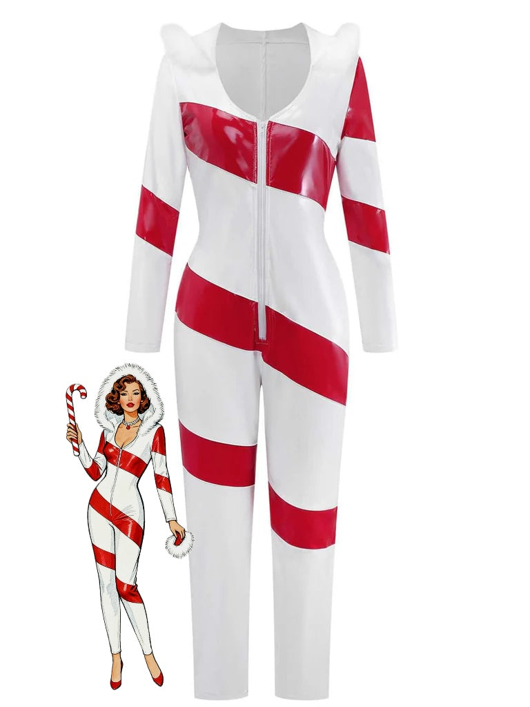 1970s Christmas Candy Cane Hooded Jumpsuit