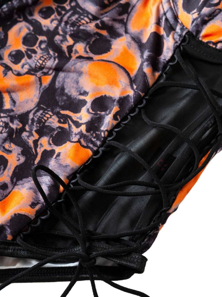Orange 1970s Skull Lace Spaghetti Strap Bodysuit