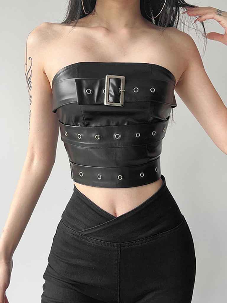 Black 1980s Bandeau Punk Leather Top