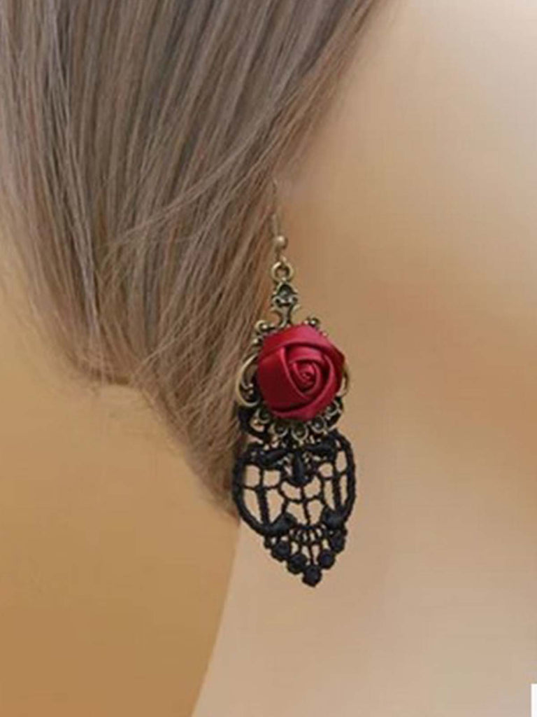 Halloween Hollow Lace 3D Red Rose Earrings