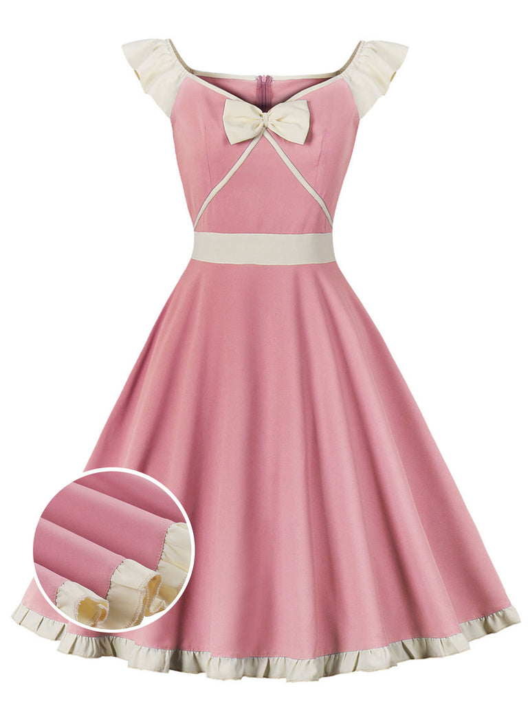 Pink 1950s Sweetheart Collar Bow Swing Dress