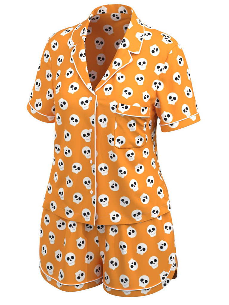 [Pre-Sale] Orange 1970s Halloween Cartoon Skull Pajamas