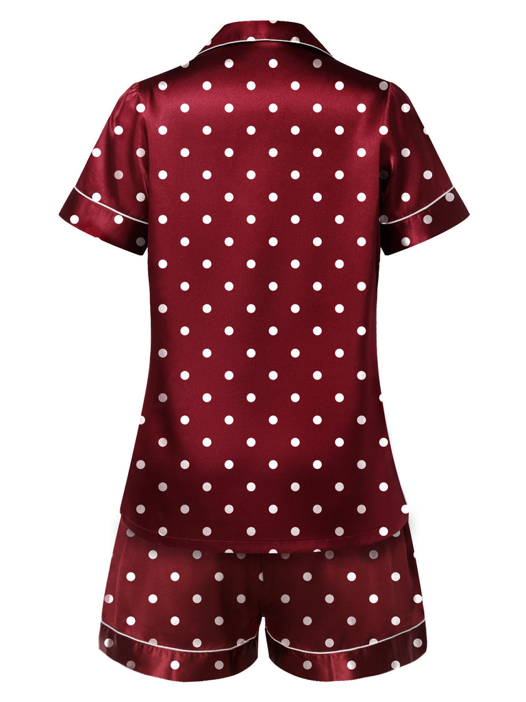 [Pre-Sale] Wine Red 1970S Short Sleeve Polka Dot Pajamas Set