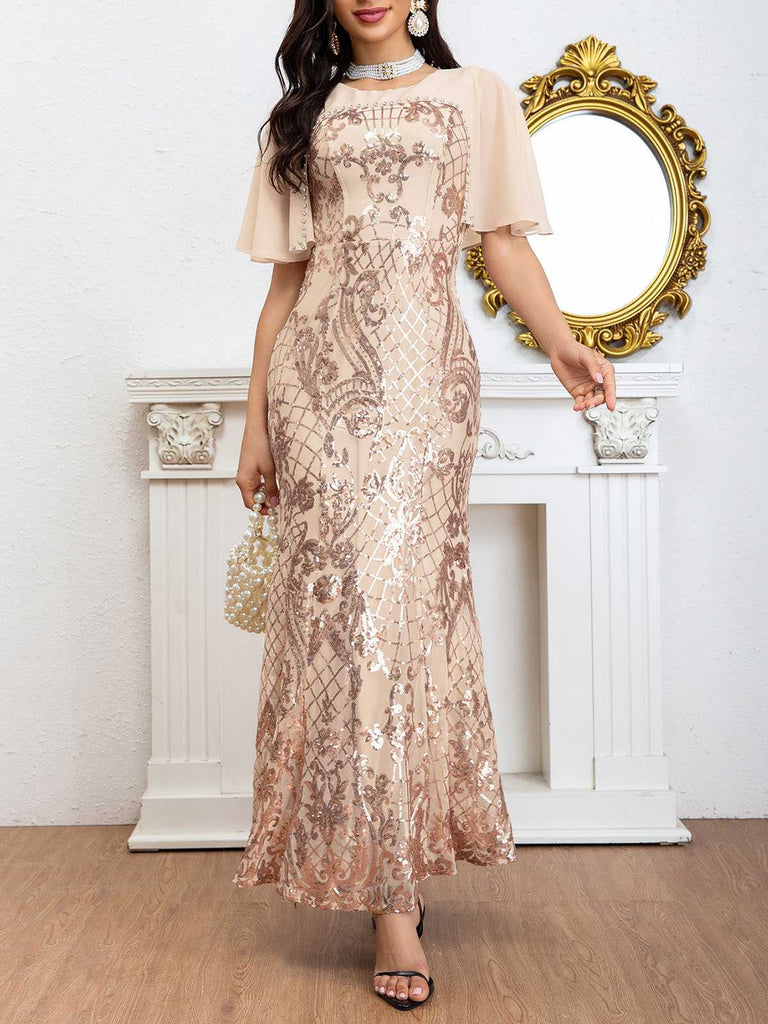 Beige 1920s Beaded Sequined Bat Sleeve Evening Dress