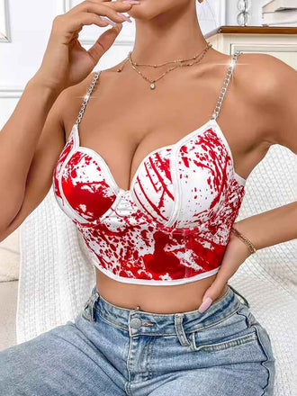 White 1970s Halloween Metal Chain Blood Spatter Crop Top