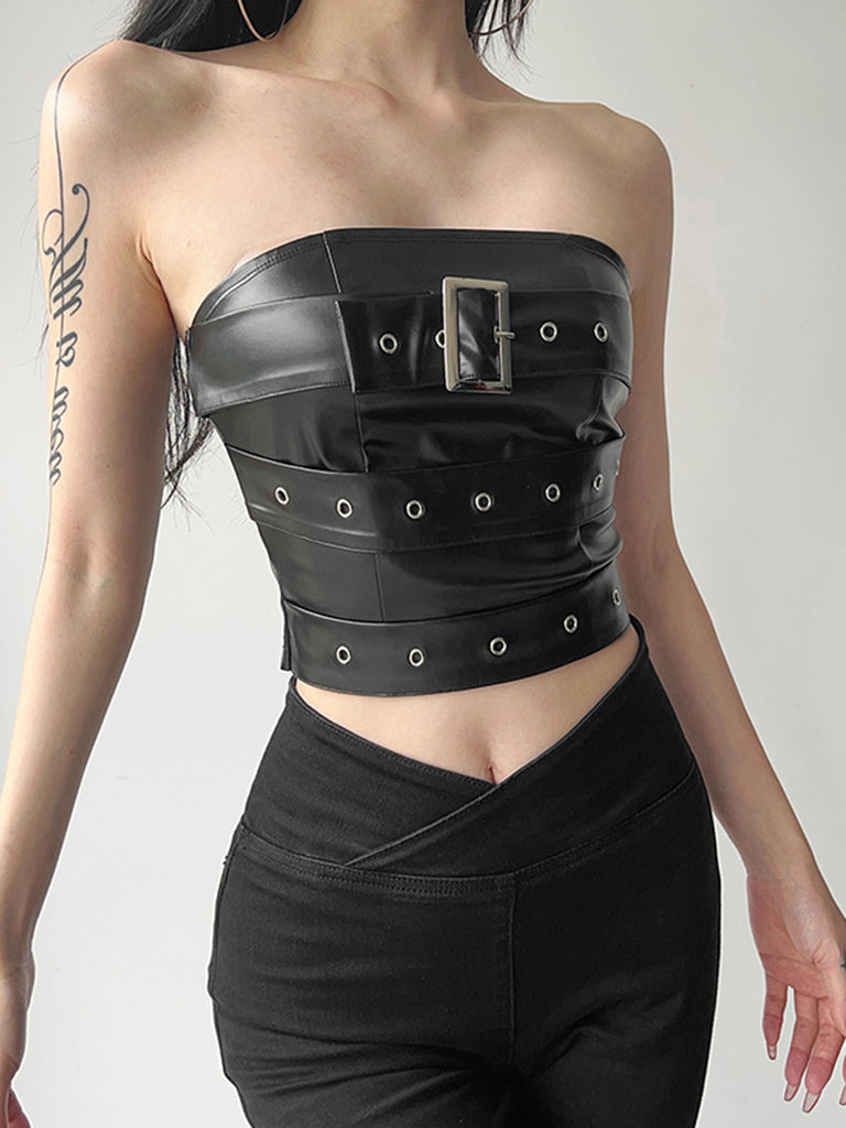 Black 1980s Bandeau Punk Leather Top