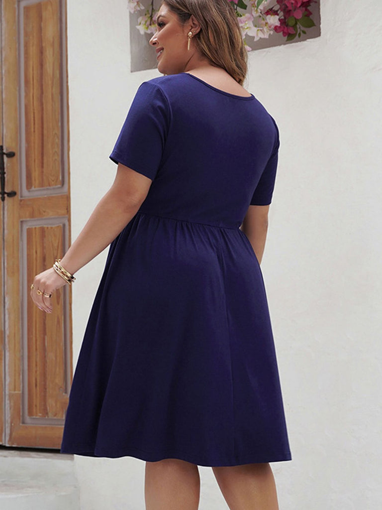 [Plus Size] Deep Blue 1950s Solid Front Cross Dress