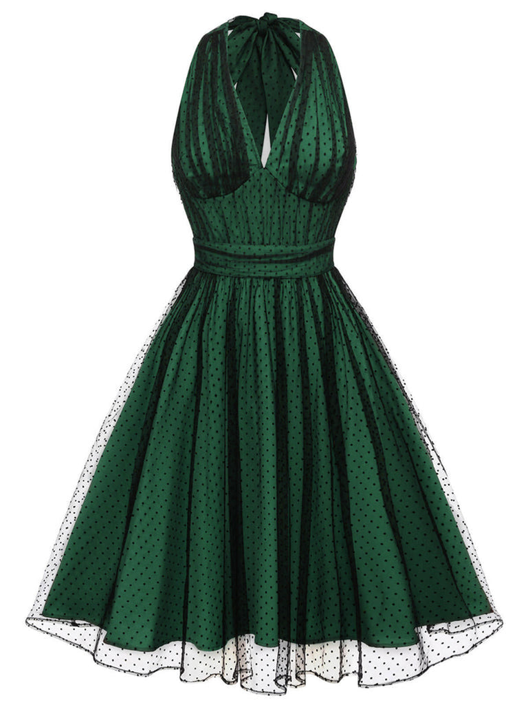 Green 1950s Christmas Halter Polka Dots Mesh Dress