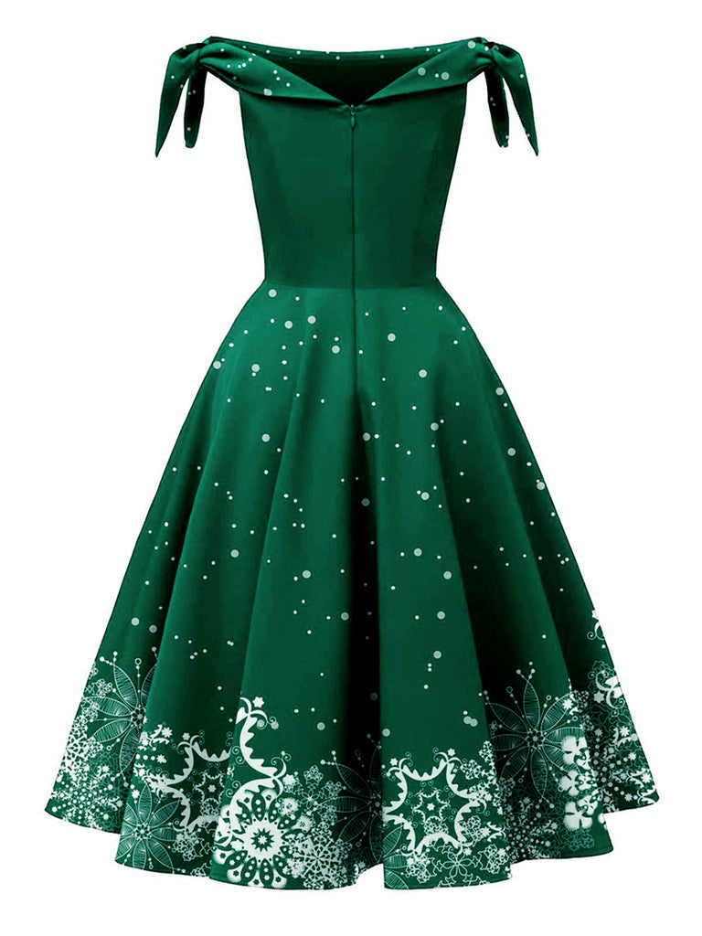 Green 1950s Christmas Snowflake Off-Shoulder Dress