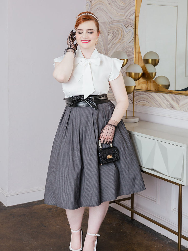 White & Gray 1950s Lace-Up Swing Dress