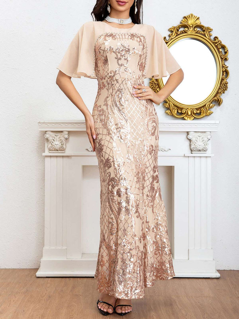 Beige 1920s Beaded Sequined Bat Sleeve Evening Dress