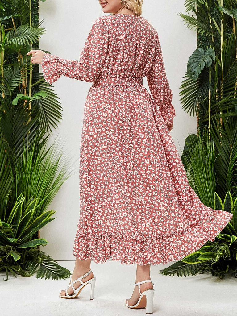 [Plus Size] Pink 1930s Boho Daisy Ruffles Hem Dress