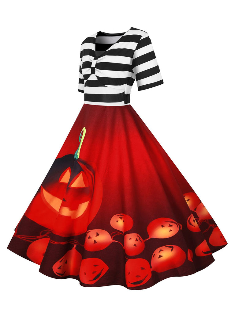 1950s Halloween Pumpkin Striped Patchwork Dress