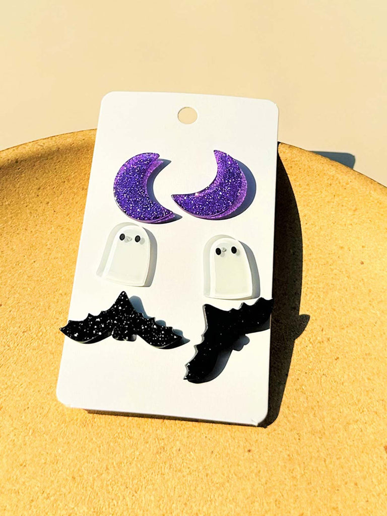 3Pcs Halloween Ghost Moon Bat Earrings Set