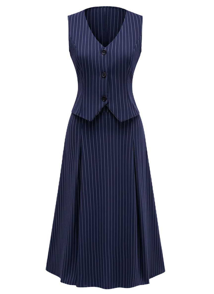 2PCS 1940s Stripe Sleeveless Vest & Midi Skirt