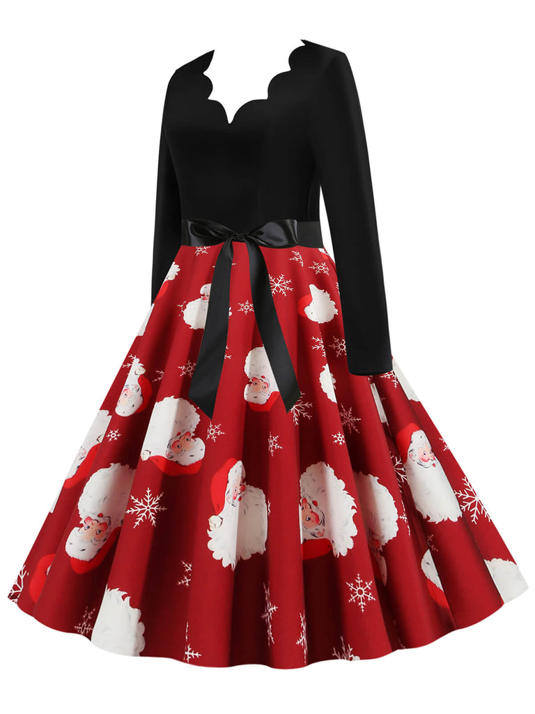 Red 1950s Santa Claus V-Neck Belt Dress