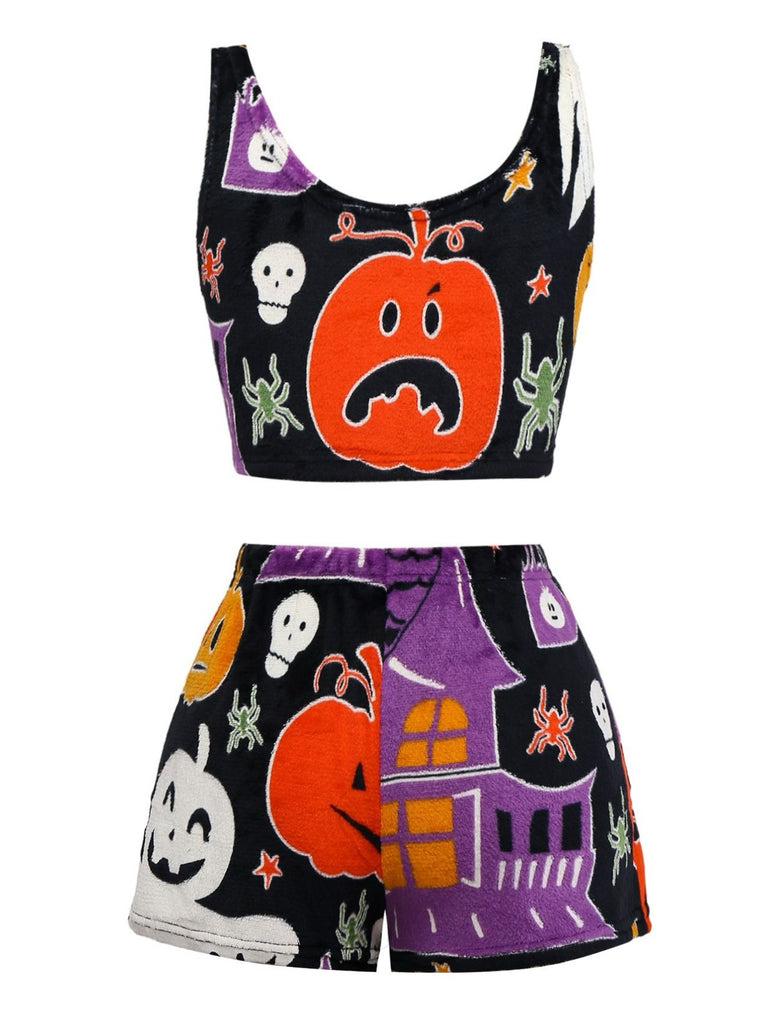 2PCS Black 1970s Glowing Halloween Ghost Flannel Pajama Set