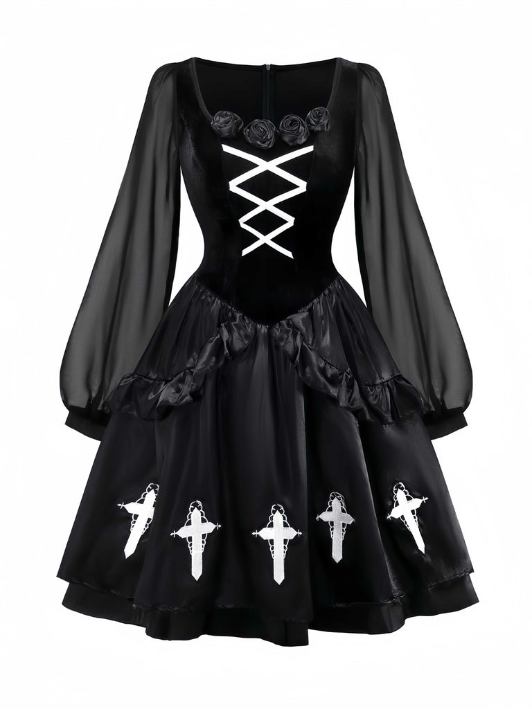 1980s Gothic Cross Velvet 3D Roses Dress With Headband