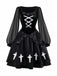 1980s Gothic Cross Velvet 3D Roses Dress With Headband