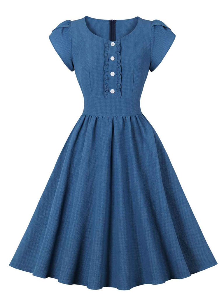 1950s Short Sleeve Ruffles Buttoned Solid Dress