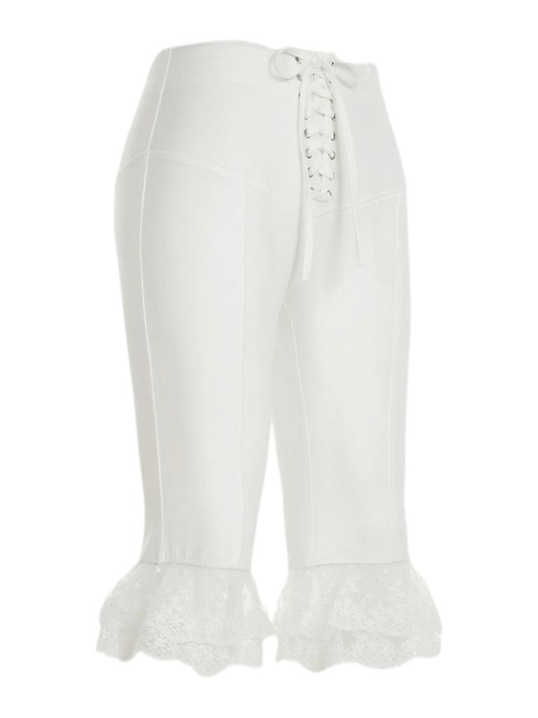 White 1950s Ruffled Lace Hem Cropped Pants