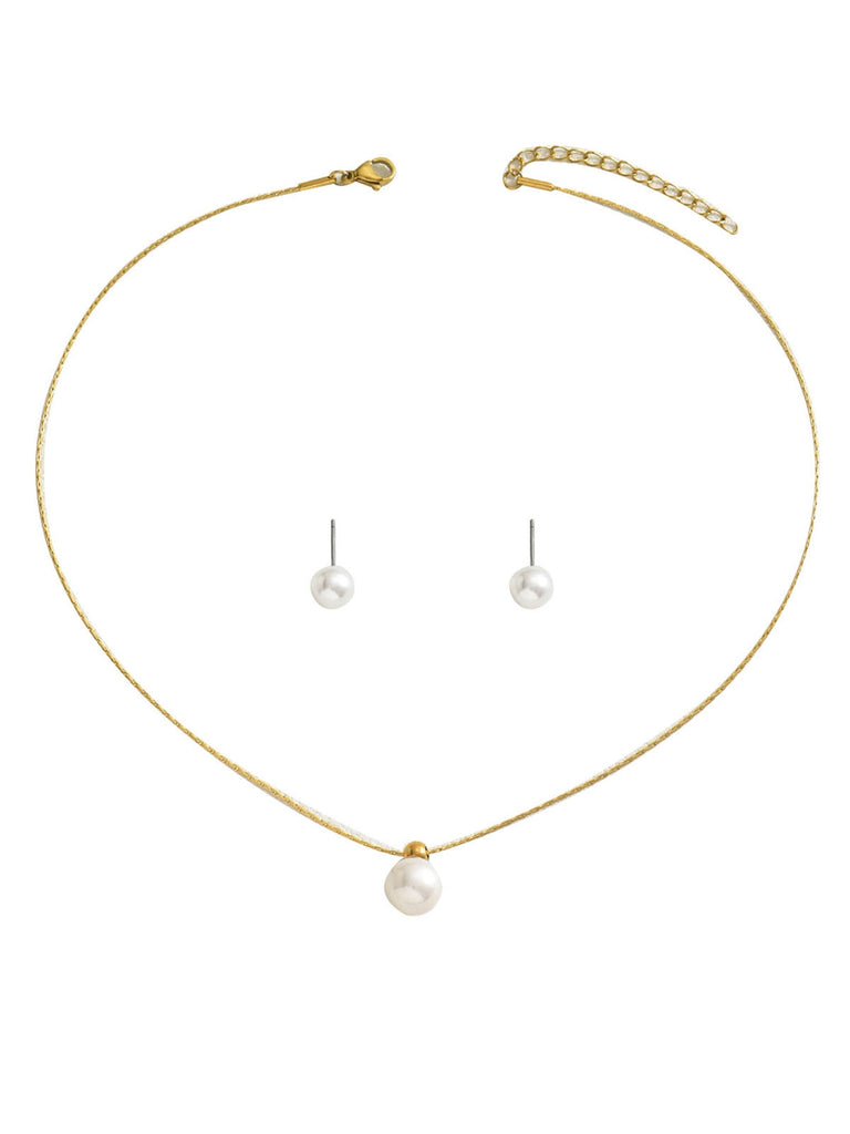 Gold Pearl Collarbone Necklace & Earrings Set