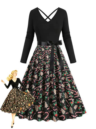 Black 1950s Christmas Print V-Neck Cross Back Dress