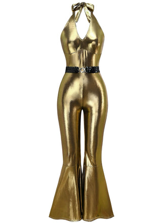 1970s Metallic Disco Halter Belted Jumpsuit