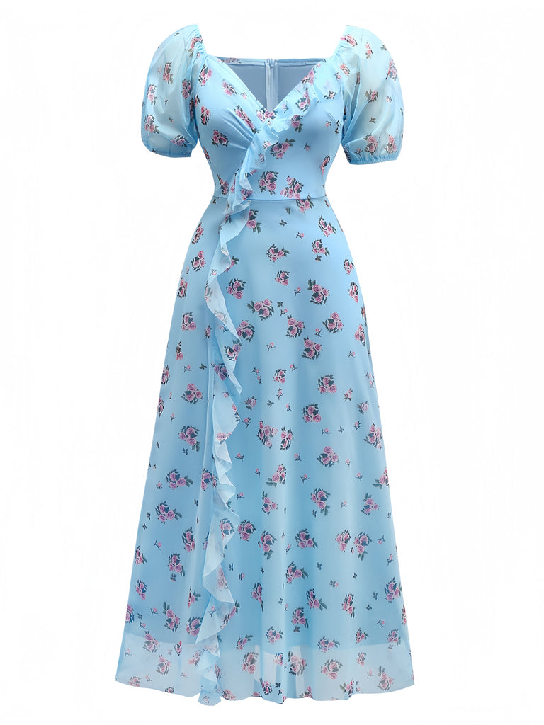 Blue 1930s V-Neck Rose Mesh Ruffled Dress