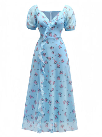 Blue 1930s V-Neck Rose Mesh Ruffled Dress