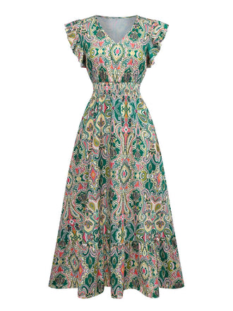 1970s V-Neck Paisley Print Ruffed Sleeve Dress