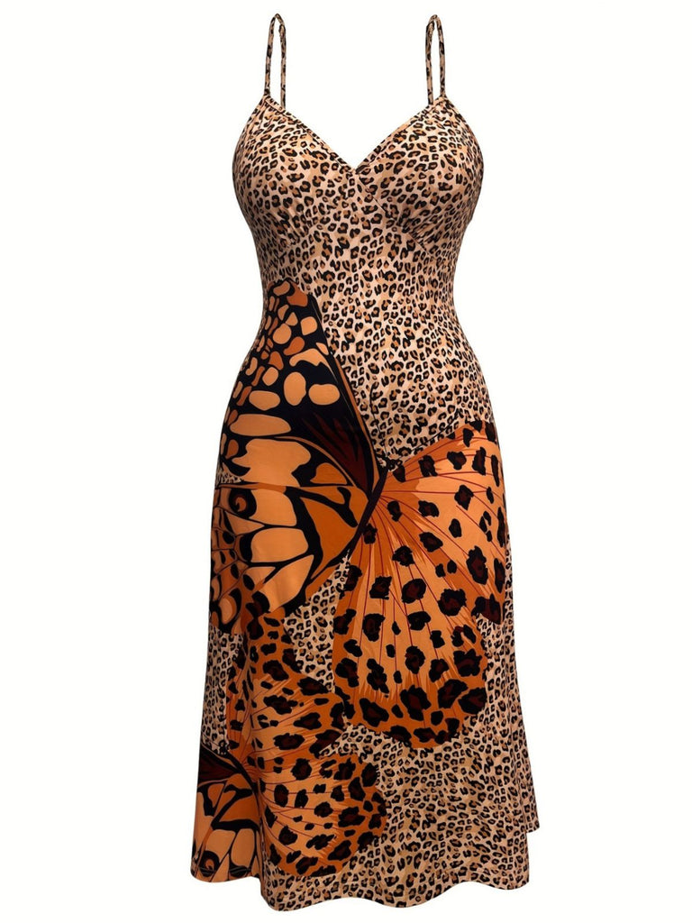 [Plus Size] Brown 1940s Butterfly Leopard Nightdress