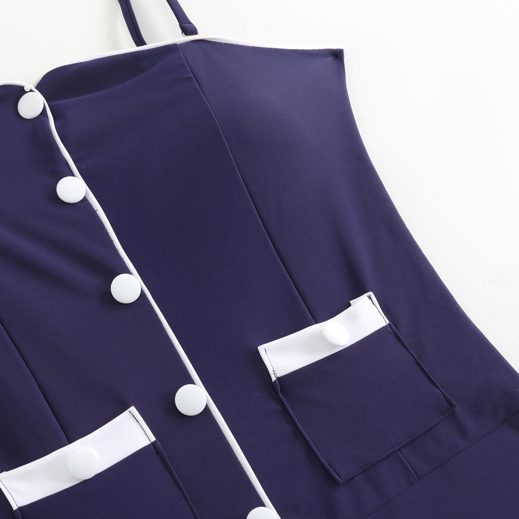 Dark Blue 1940s Button Spaghetti Strap One-piece Swimsuit