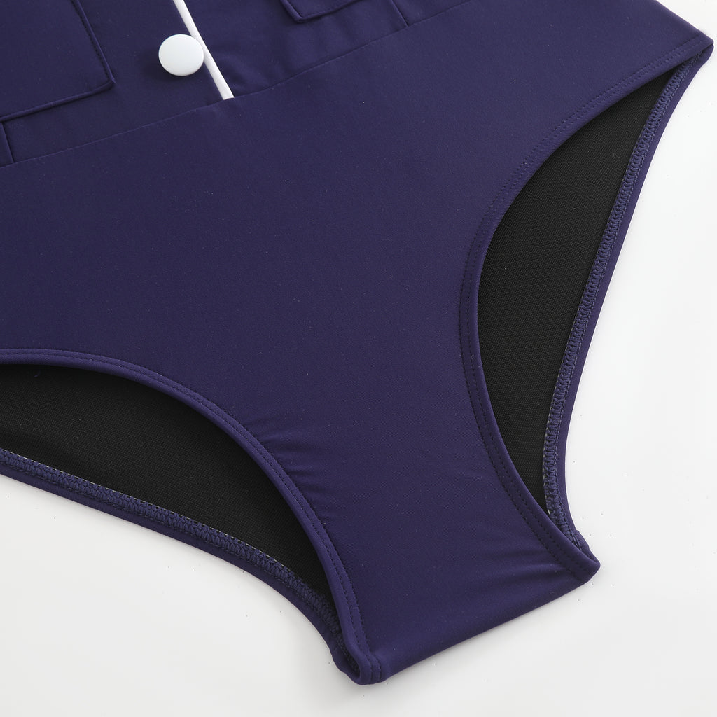 Dark Blue 1940s Button Spaghetti Strap One-piece Swimsuit