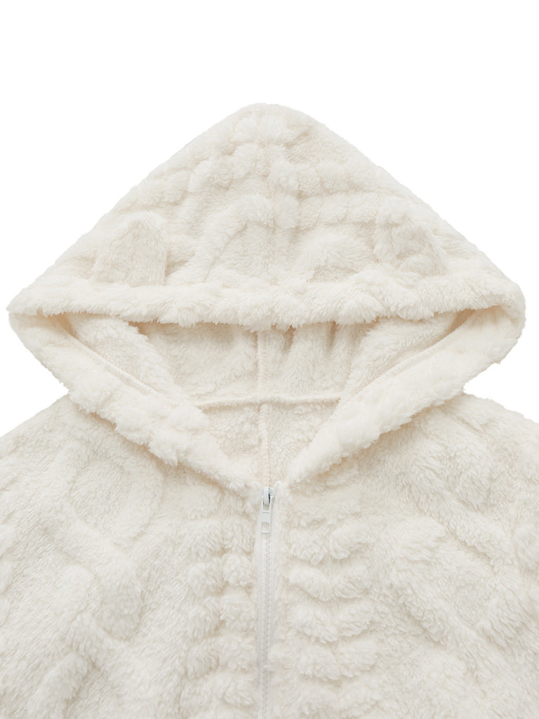 Hooded Teddy Bear Embroidered Fleece Romper 5