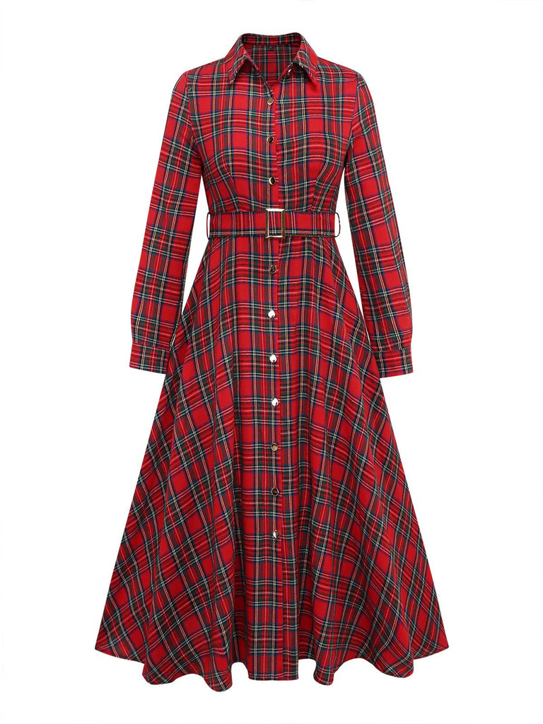 Red Green Plaid Long Sleeve Maxi Dress 1