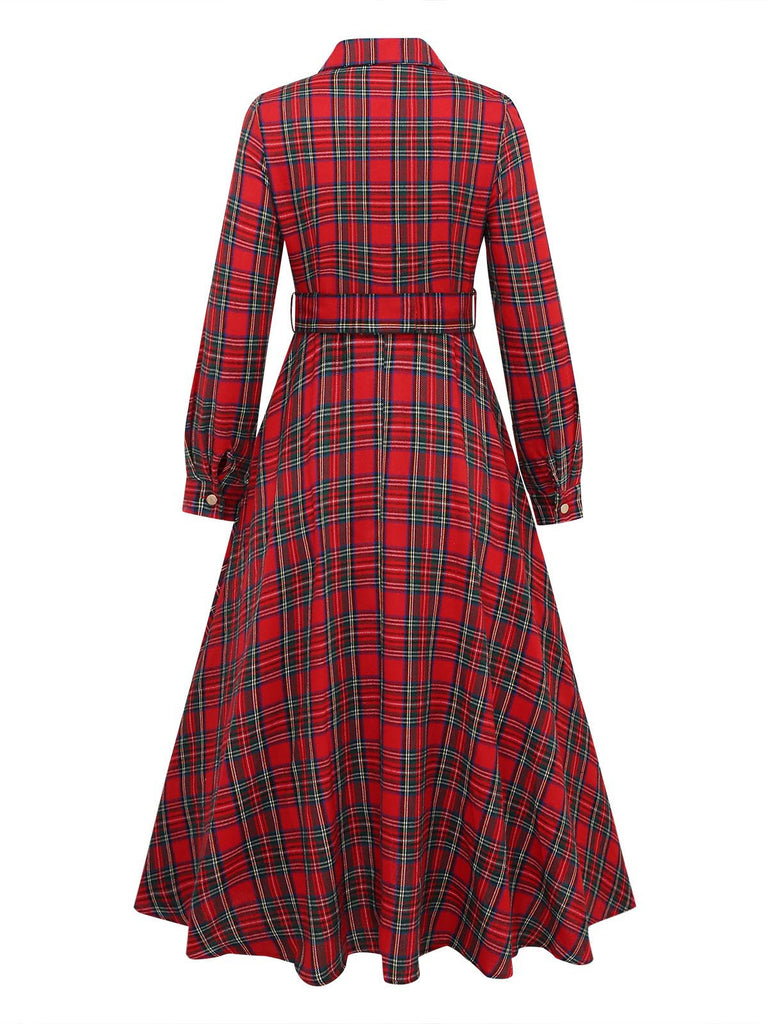 Red Green Plaid Long Sleeve Maxi Dress 2