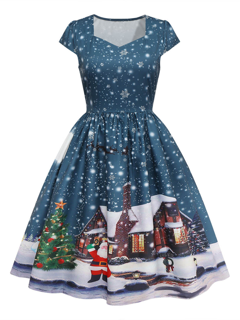 Dark Blue 1950s Santa Print Christmas Midi Dress