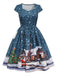 Dark Blue 1950s Santa Print Christmas Midi Dress