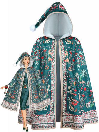 1950s Christmas Print Hooded Cape Coat